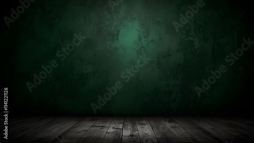 Horizontal dark green background for portrait or food photography. Panoramic studio backdrop. Monochromatic screen. Artistic banner, texture and grunge graphic design. Generative AI