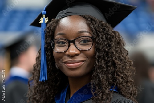 Celebrating Graduation Milestone: Portrait of Proud Young Woman in Academic Cap and Gown with Curly Hair Smiling at Graduation Ceremony in University Setting photo