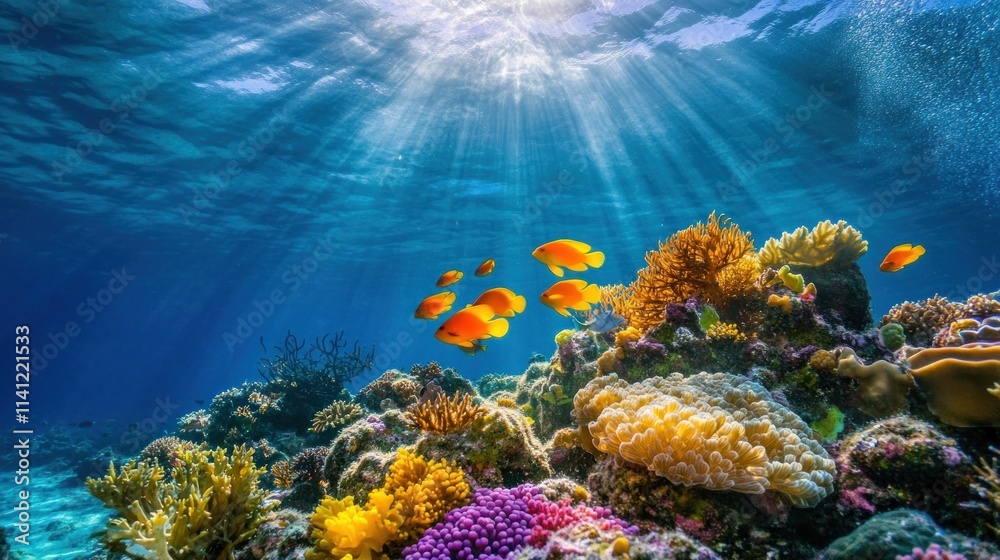 Fototapeta premium Vibrant coral reef teeming with colorful orange fish