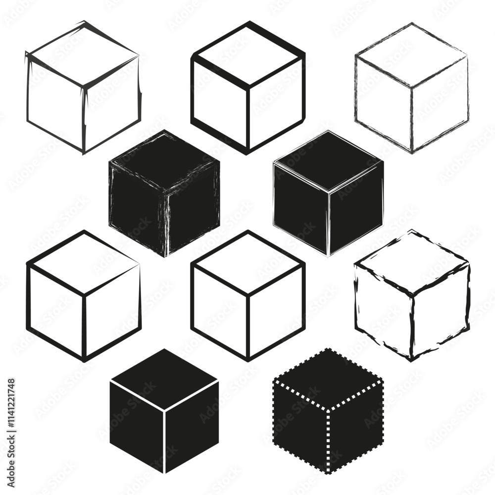 Geometric cube icon. Black and white shapes. Vector cube collection. Abstract 3D design. Geometric cube icon. Black and white shapes. Vector cube collection. Abstract 3D design.