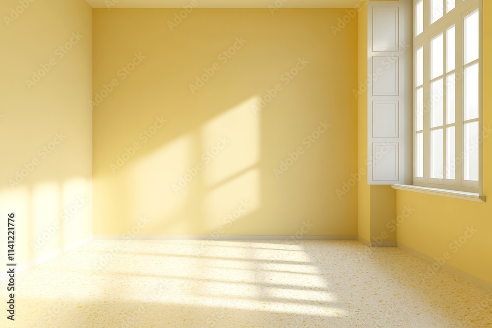 Sunlight streams into an empty, pale yellow room with a large window. Sunlight streams into an empty, pale yellow room with a large window.