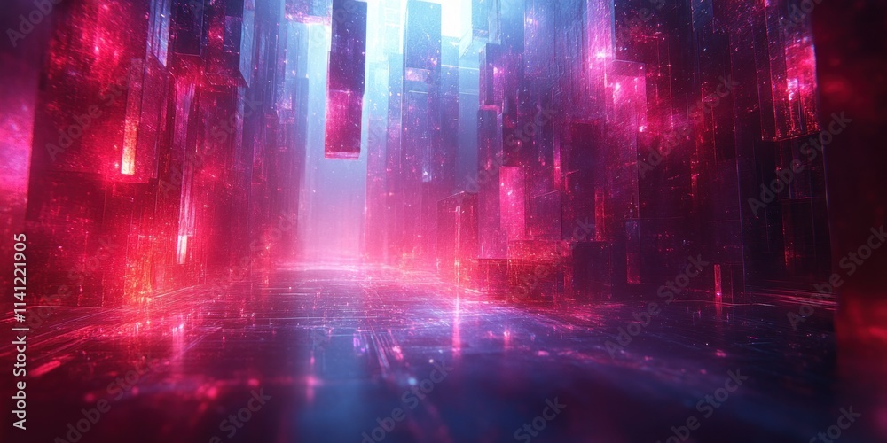 Fototapeta premium Futuristic Abstract Geometric Shapes with Neon Lights and Reflections in Digital Art Style