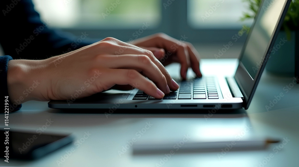 Close up, woman hand typing on laptop computer keyboard. Business woman online working on laptop computer, surfing the internet notebook, searching the information at home office, e-learning freelance Close up, woman hand typing on laptop computer keyboard. Business woman online working on laptop computer, surfing the internet notebook, searching the information at home office, e-learning freelance