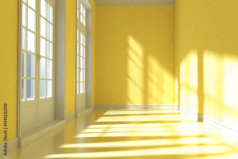 Obraz premium Sunny yellow room interior with French doors and hardwood floor.