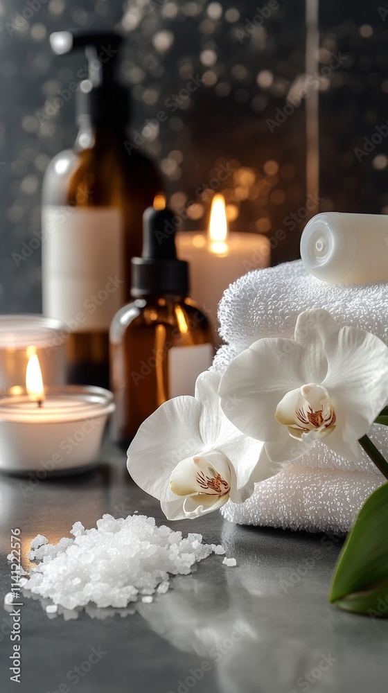 Serene Spa Setting with Towels, Candles, Orchids, and Bath Salts for a Relaxing Wellness Experience with Soft Lighting