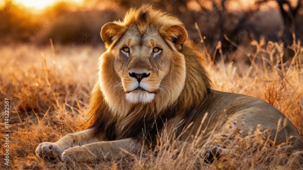 Majestic lion sitting at sunset in savanna Majestic lion sitting at sunset in savanna