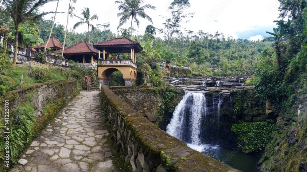 Tropical Waterfall Scene With Stone Path And Pavilion Tropical Waterfall Scene With Stone Path And Pavilion