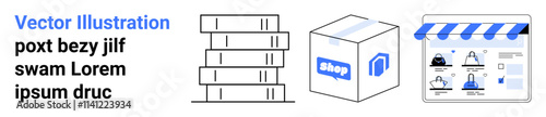 Books stacked, parcel box with shop icon, website interface showing e-commerce features. Ideal for e-commerce platforms, online shopping, delivery services, retail, bookstores, shipping