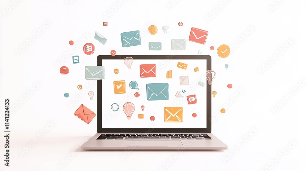 Laptop with email icons, communication, online messaging, digital correspondence, internet connection, technology, business, marketing, social media, networking, innovation, Laptop with email icons, communication, online messaging, digital correspondence, internet connection, technology, business, marketing, social media, networking, innovation,