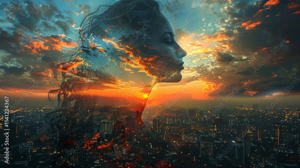 Woman's silhouette with city and sunset double exposure. Woman's silhouette with city and sunset double exposure.