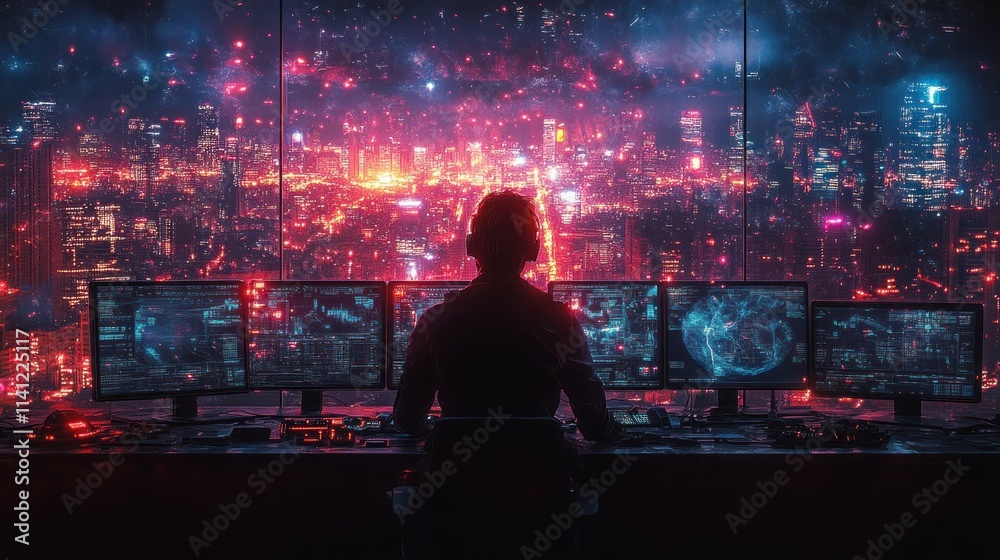 Futuristic CCTV Technician in Cyberpunk Control Center with Neon Lights and City Skyline Futuristic CCTV Technician in Cyberpunk Control Center with Neon Lights and City Skyline
