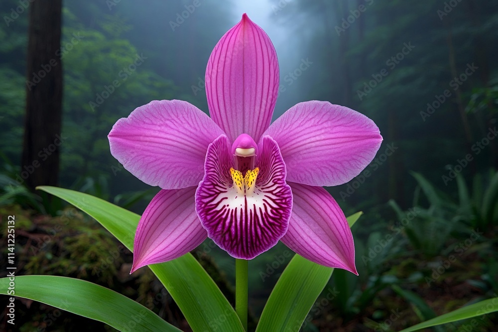 Vibrant Lavender Orchid Flower in Misty Forest Glen with Intricate Vein like Petals Vibrant Lavender Orchid Flower in Misty Forest Glen with Intricate Vein like Petals