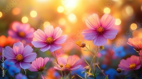 Pink Cosmos Flowers Blooming In Golden Sunset Light