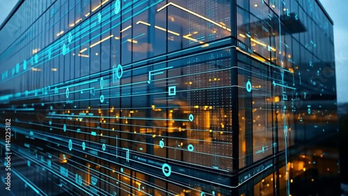 Nighttime view of a modern glass building with a digital data overlay highlighting tech innovation