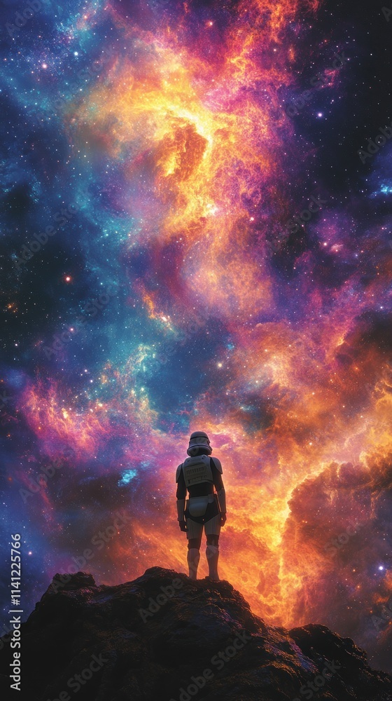 Fototapeta premium A figure stands in awe before a vibrant cosmic scene filled with colors and stars.