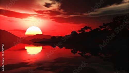 a beautiful landscape photograph of a sunset over a body of water. The sky is filled with vibrant red and orange hues, with the sun partially visible in the top right corner.