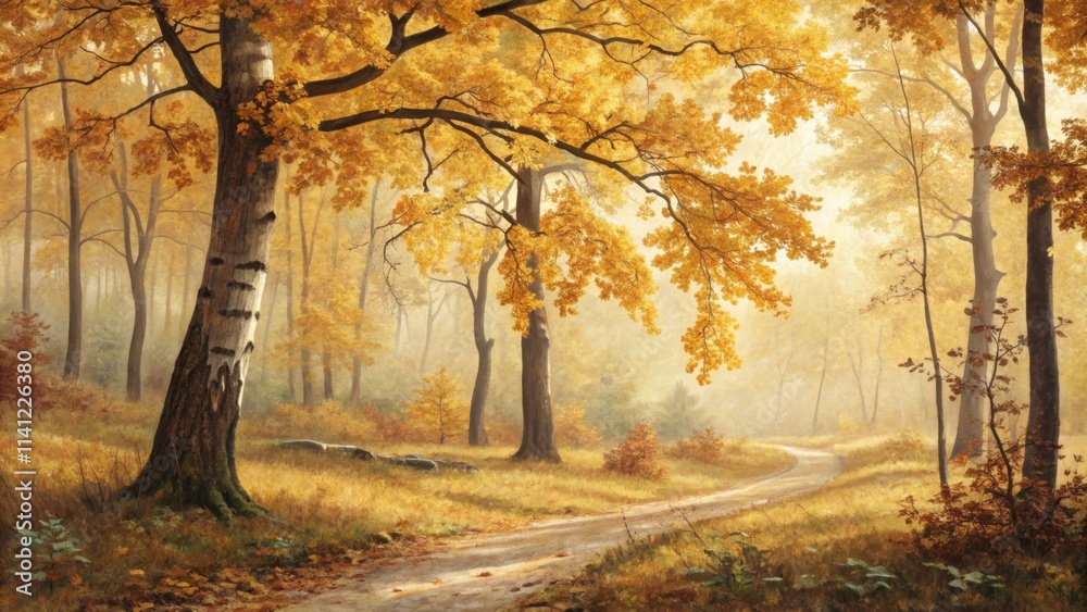 Fototapeta premium Serene autumn path through a golden forest