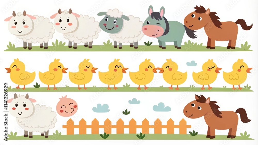 Obraz premium Cute cartoon farm animals in a playful design