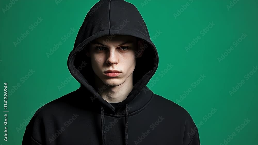 Mysterious Person in Hoodie on Green Background Mysterious Person in Hoodie on Green Background