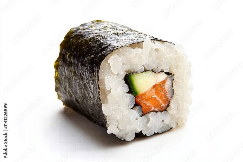 Perfectly Crafted Sushi Roll with Salmon and Avocado on White Background, Elegant Presentation for Food Photography and Culinary Art Perfectly Crafted Sushi Roll with Salmon and Avocado on White Background, Elegant Presentation for Food Photography and Culinary Art