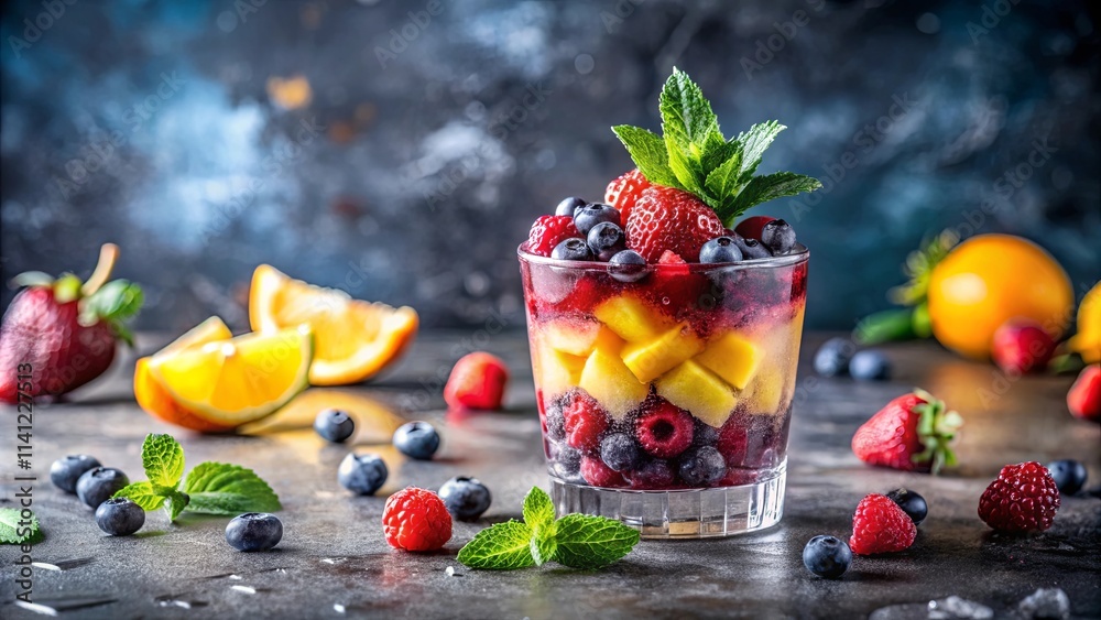 Refreshing Layered Fruit Drink with Mango, Berries, and Mint in a Glass Refreshing Layered Fruit Drink with Mango, Berries, and Mint in a Glass