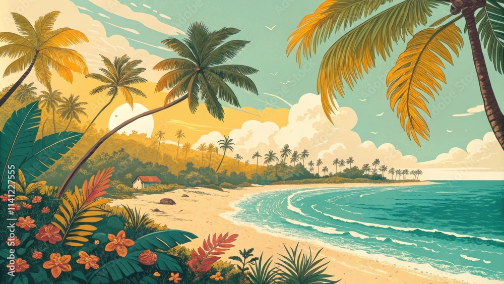 Obraz premium Tropical beach paradise with palm trees and vibrant flora