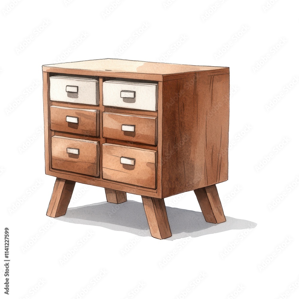 Mid Century Modern Wooden Chest of Drawers with Six Drawers, Isolated on White Background Cutout Mid Century Modern Wooden Chest of Drawers with Six Drawers, Isolated on White Background Cutout