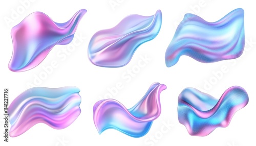 Abstract Liquid Shapes, Set of Six Iridescent, Pastel Colored 3D Renderings, Isolated on White Background Cutout