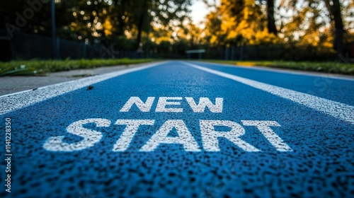 New Start concept on running track. Ideal for themes of motivation, success, and planning.