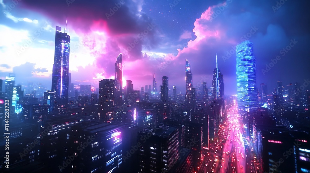 Fototapeta premium Futuristic cityscape at sunset with vibrant neon lights and dramatic clouds.