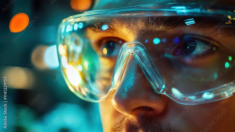 A closeup shot of a workers safety goggles reflecting the sharp vibrant lights of a hightech manufacturing environment illustrating focus and concentration during training. A closeup shot of a workers safety goggles reflecting the sharp vibrant lights of a hightech manufacturing environment illustrating focus and concentration during training.