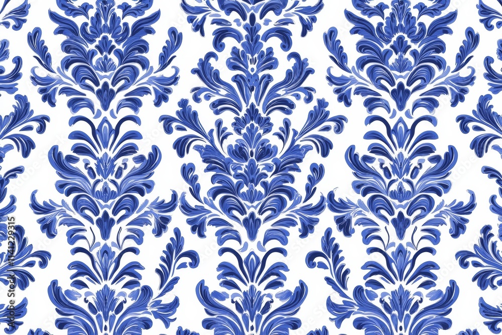 Elegant Blue and White Floral Damask Pattern with Intricate Design for Textile and Wallpaper Applications, Perfect for Home Decor and Fashion Projects Elegant Blue and White Floral Damask Pattern with Intricate Design for Textile and Wallpaper Applications, Perfect for Home Decor and Fashion Projects