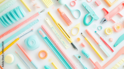 A collection of vintage woodworking tools, colorful and modernized with bright pastel hues, floating on a clean white background, tools are crisp and detailed with vibrant metallic accents, perfectly 