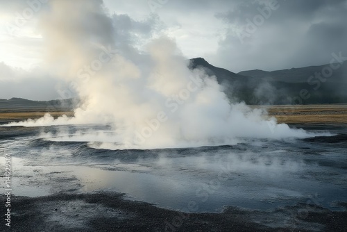 Geysers Erupting in a Dramatic Geothermal Landscape with Steaming Pools and Vibrant Mineral Deposits