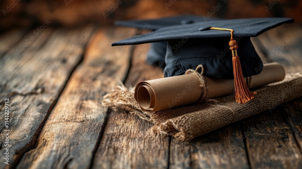 Graduation Caps and Diploma on Rustic Table with Warm Lighting Graduation Caps and Diploma on Rustic Table with Warm Lighting
