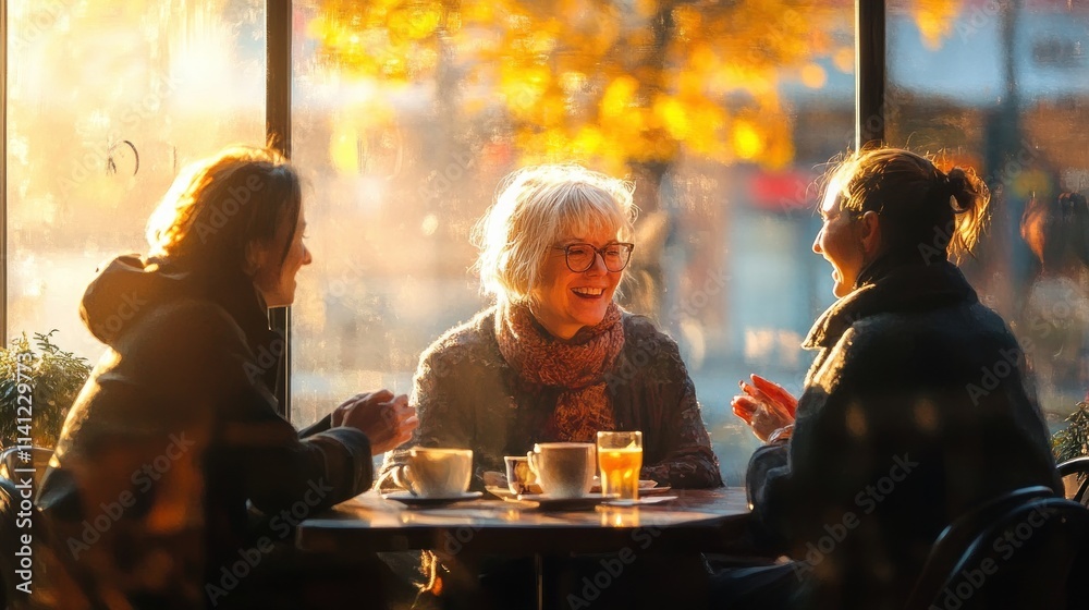 Happy Mature Women Enjoying Friendship at Sunset in a Cozy Café