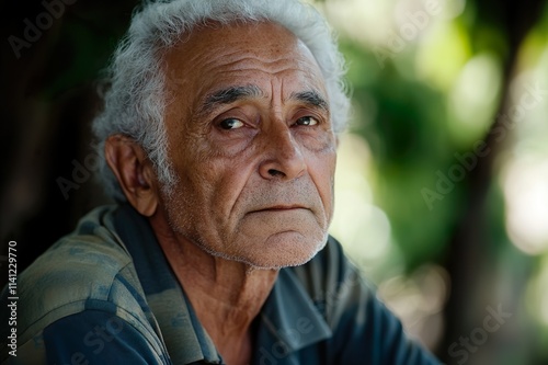 Elderly man with a contemplative expression in outdoor setting