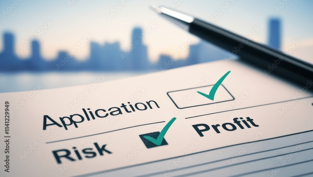 Application form with check mark box options between risk or profit, concept of decision making Application form with check mark box options between risk or profit, concept of decision making