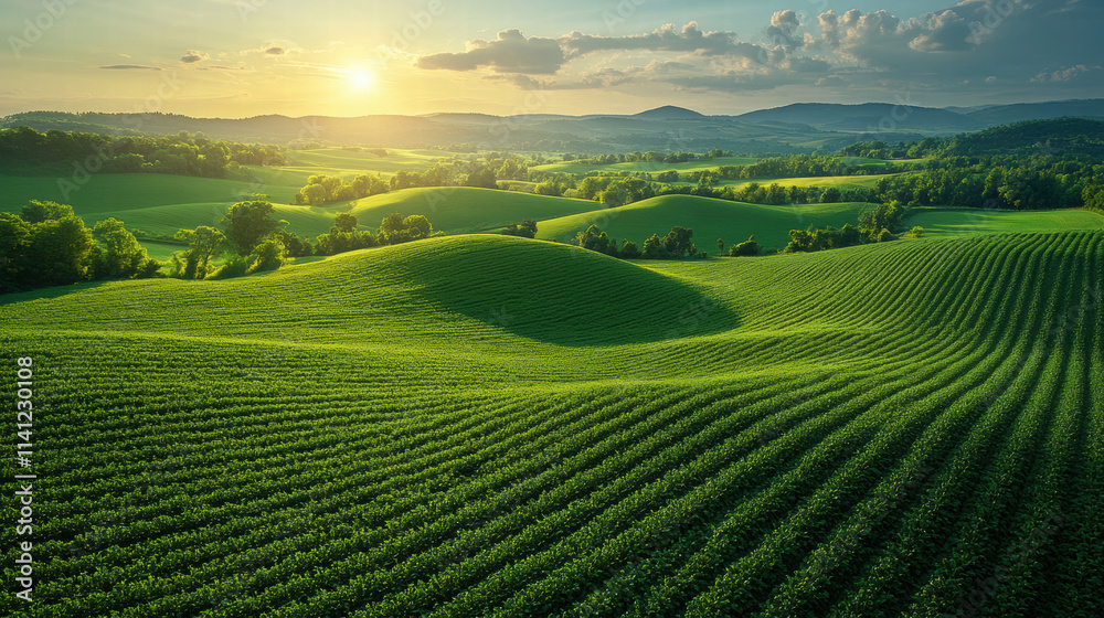 Naklejka premium Rolling green fields with vibrant crops under golden sunset, surrounded by hills