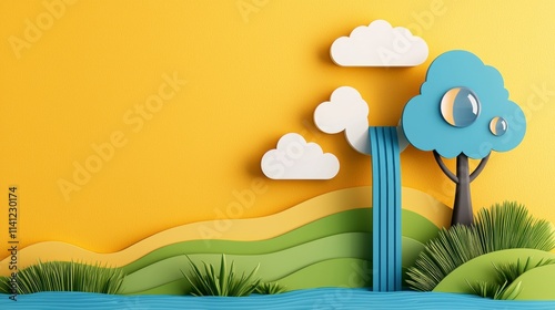 A yellow background with a blue tree and a waterfall