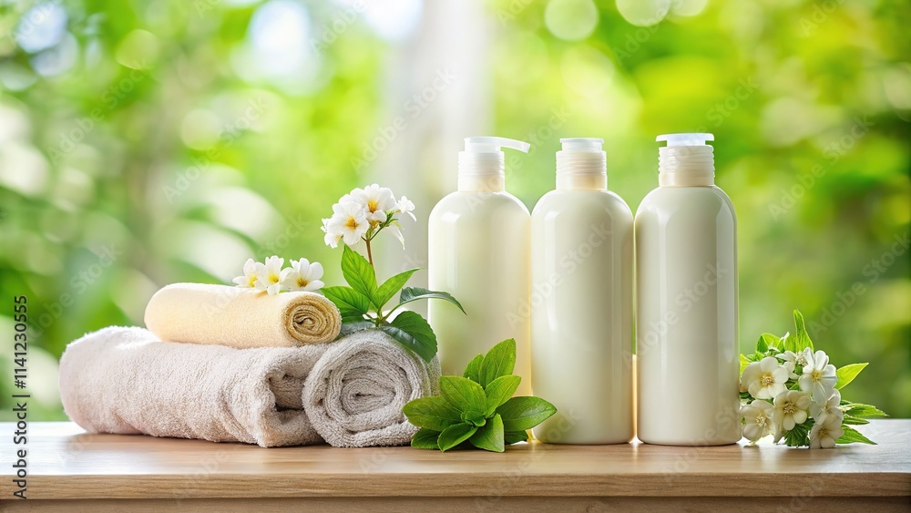 Lotion Bottles, Towel, Flowers, Shelf, Copy Space Lotion Bottles, Towel, Flowers, Shelf, Copy Space