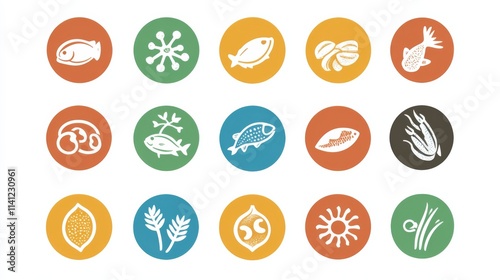 A set of 14 food allergen icons, each represented as round colored vector symbols with editable strokes, including allergens   photo