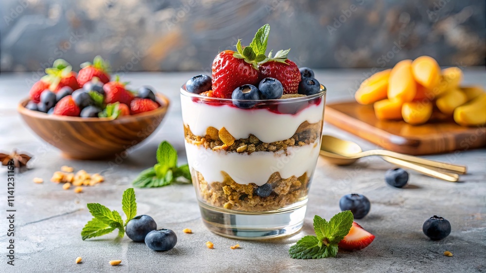 Layered Yogurt Parfait with Berries and Granola in Glass Layered Yogurt Parfait with Berries and Granola in Glass