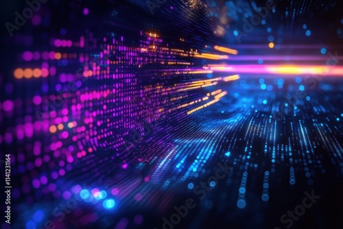 Futuristic Digital Landscape with Neon Lines and Binary Code in a Dark Void
