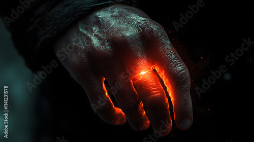 A hand clenched tightly over a glowing scar, their knuckles pale with tension and faint light beginning to heal photo