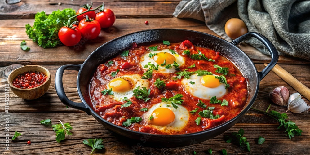 Savory Eggs Poached in Spicy Tomato Sauce with Fresh Herbs in a Rustic Cast Iron Skillet Savory Eggs Poached in Spicy Tomato Sauce with Fresh Herbs in a Rustic Cast Iron Skillet