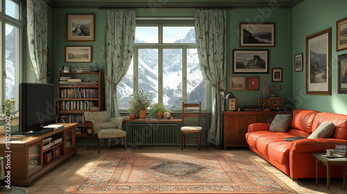 A cozy vintage living room with a stunning mountain view.