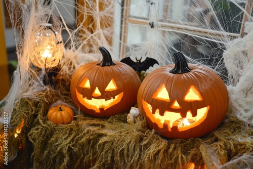 Festive Halloween Pumpkin Display with Traditional Carved Jack-o'-Lanterns, Cobwebs, and Spooky Decor for a Perfect Autumn Ambiance photo