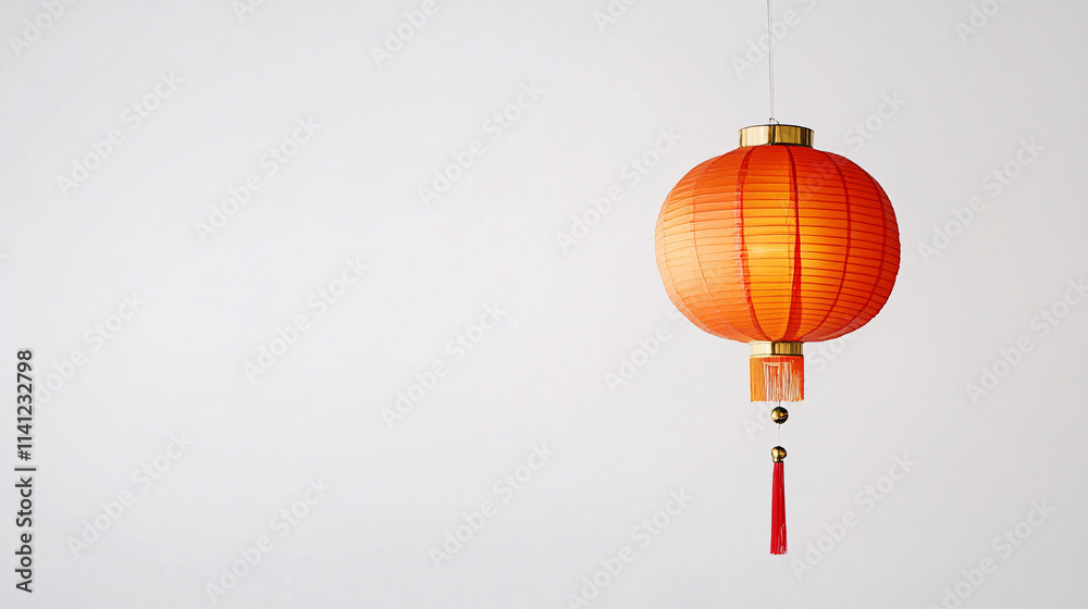 Obraz premium red chinese paper lantern hanging against white wall minimalist background