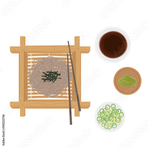 Vector Illustration Logo Clipart Top View traditional Japanese buckwheat noodles or mori soba zaru soba Makguksu